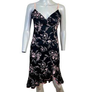 Vintage 90s Floral Dress Women Medium 8 Ruffle Knee Length Strap Black Pink New